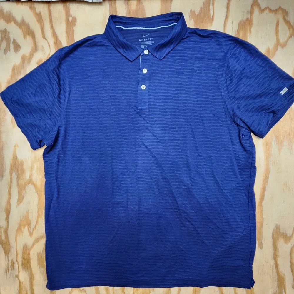 Nike DriFit Polo Shirt Mens XL Quick Dry Dark Blue Breathable‎ Woven Stripes
